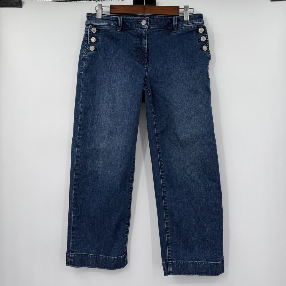 Talbots Womens 2 Sailor Jeans Dark Wash Cropped Wide Leg Button Stretch Denim